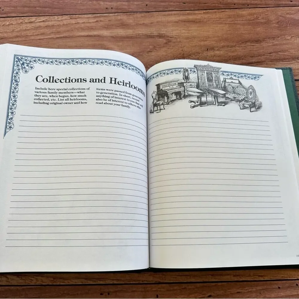 Vintage 70s blank leather bound and illustrated family tree and history journal